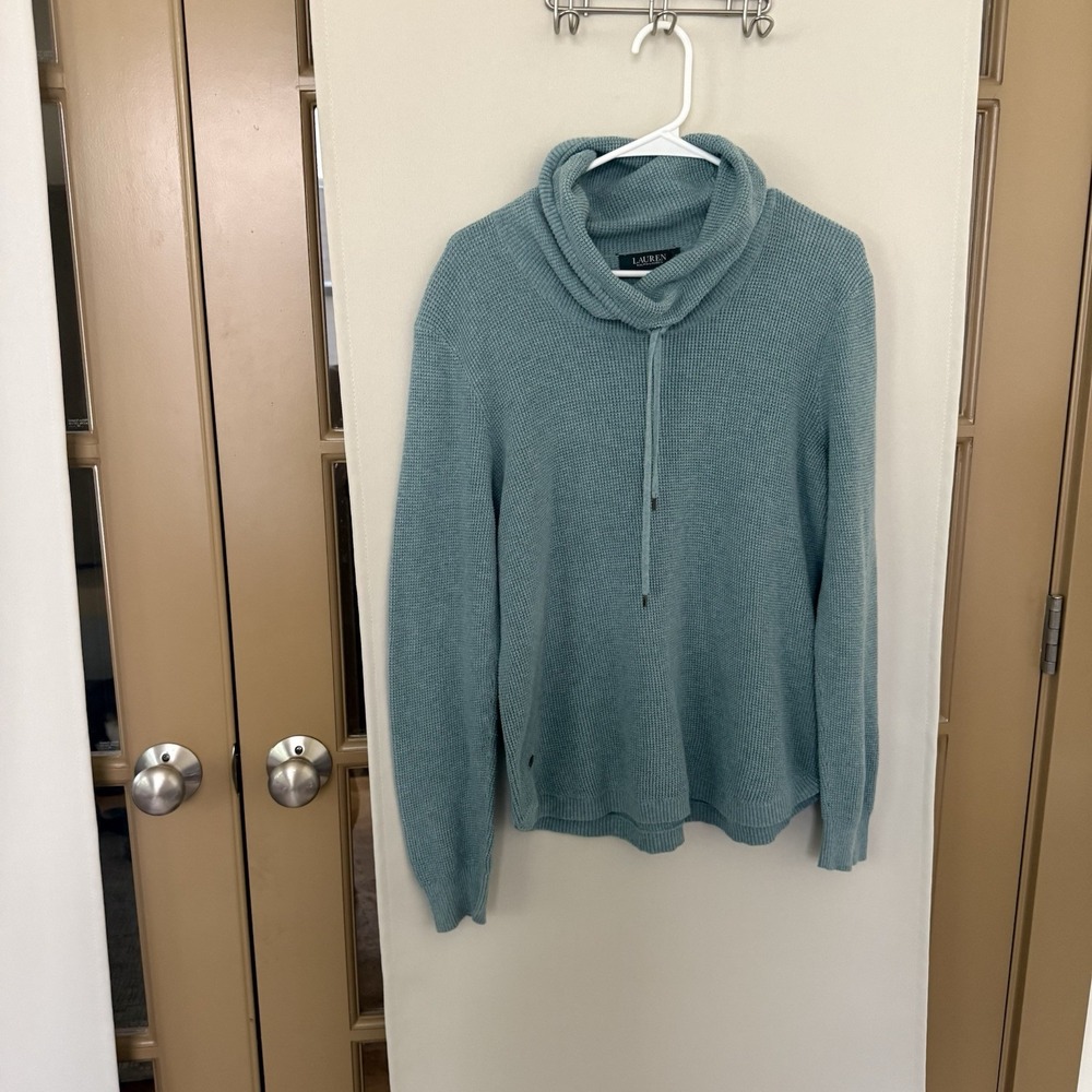 Lauren Ralph Lauren Women's XL Aqua Blue Waffle Knit Cowl Mock Neck Sweater